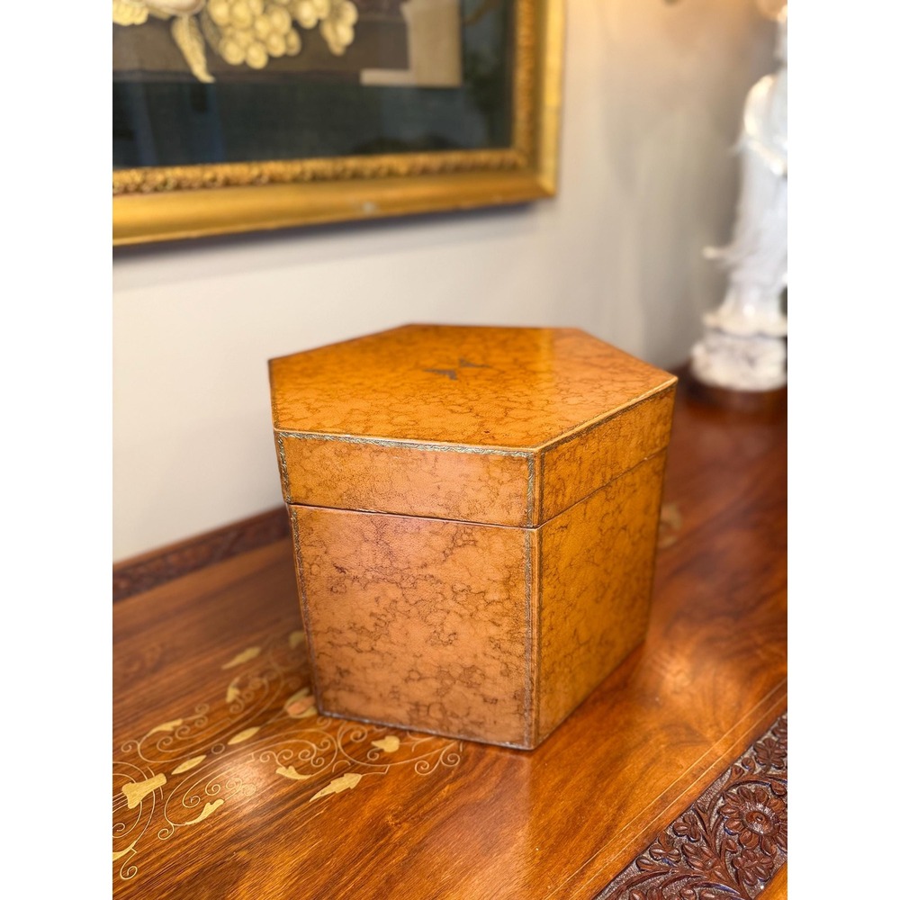 Vintage Hexagonal Leather Box • Burl Wood Effect Gilt Keepsake Box